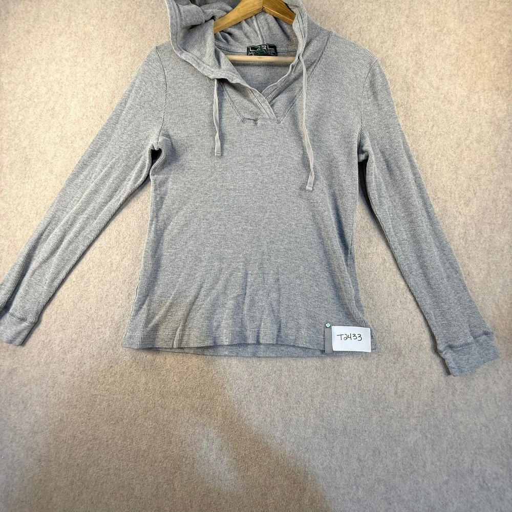 Lauren Active Ralph Lauren Gray Waffle Knit Thermal Hoodie Top Womens Medium